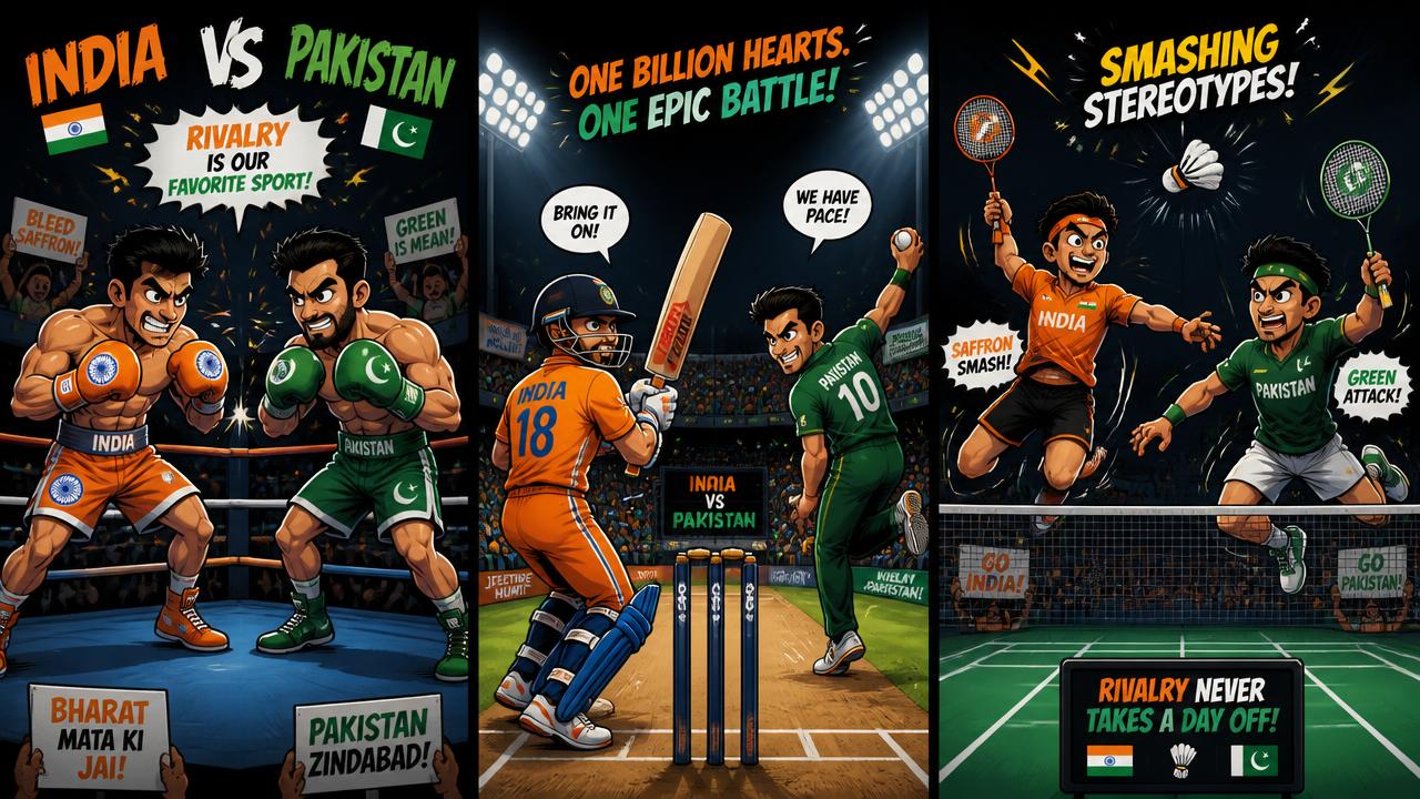 India vs Pakistan panga — boxing, cricket, and badminton scenes